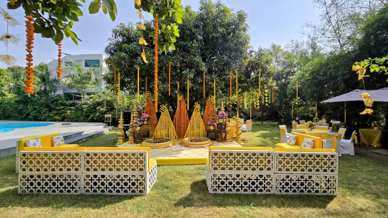 A marigold haldi setup on the estate lawn
